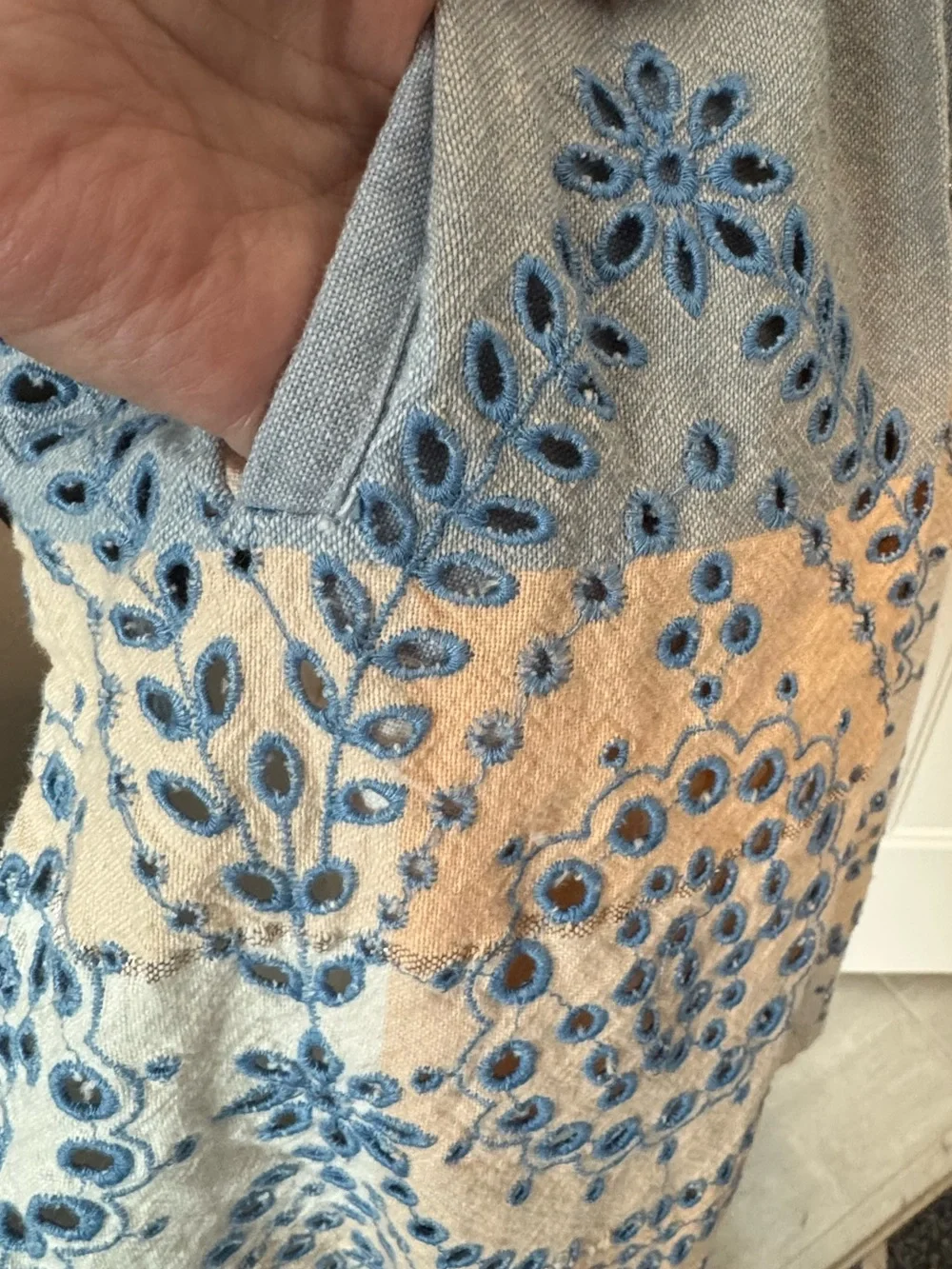 Anthropologie Embroidered Eyelet Apron – Blue & Ivory Boho